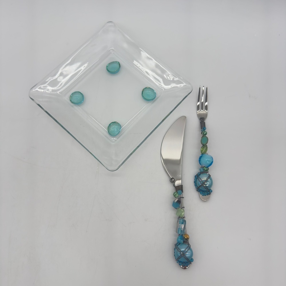 Artisan Beaded Cheese Serving Set Glass Plate Gourmet Settings GS 18/10 Knife Fo